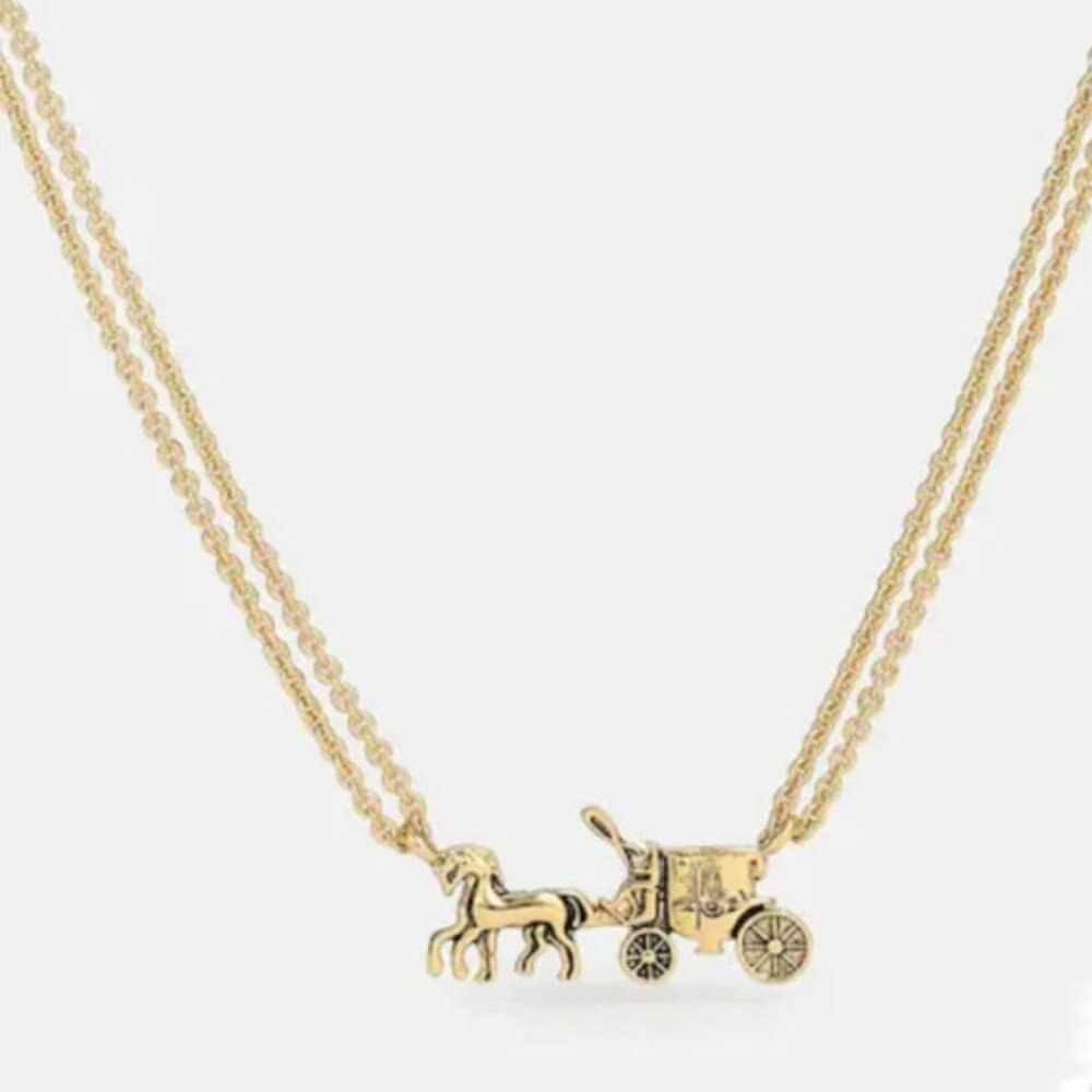 COACH Horse and Carriage Double Chain Necklace Gold NWT - Picture 4 of 6